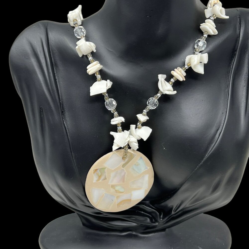 Shell Necklace‎ Wood and Clear Acrylic Beads with Large Medallion